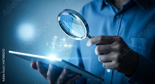 A person meticulously examines digital information on a tablet with a magnifying glass This visual represents deep data analysis research and the pursuit of understanding in the digital age