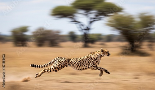 Animals: cheetah sprinting across open savanna, photographed in motion blur from side profile.