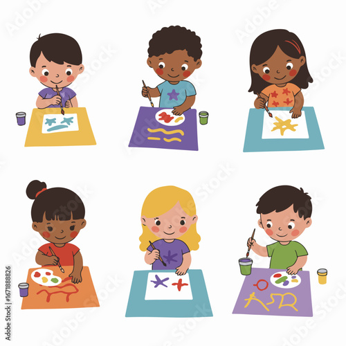 Diverse group of happy children exploring and discovering, equipped with adventure gear like maps, compasses, and magnifying glasses, ready for a fun outdoor journey.