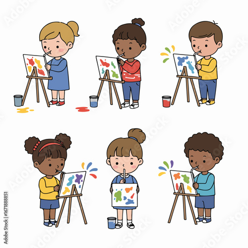 Diverse group of happy children exploring, playing, and learning as young adventurers, holding maps, compasses, magnifying glasses, and a treasure chest.