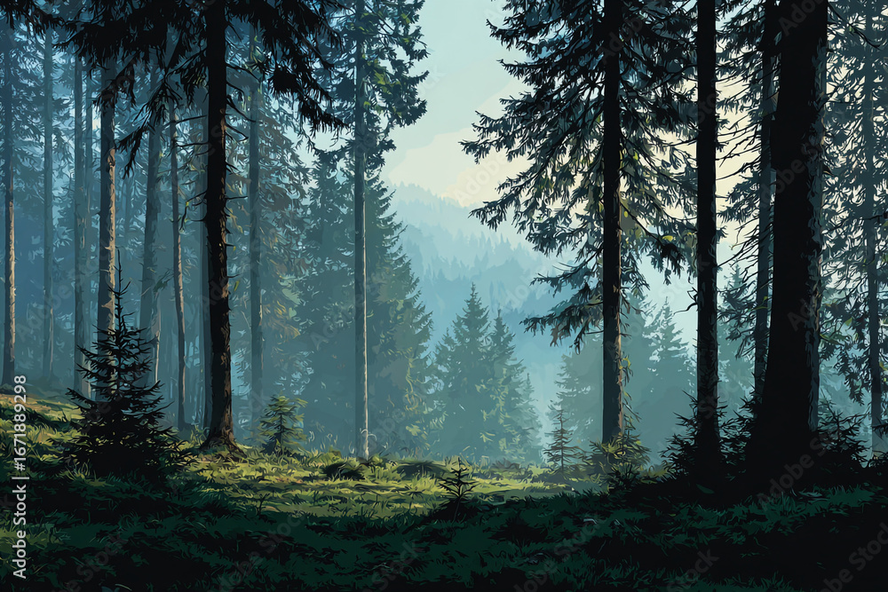 Obraz premium Serene misty forest scene tall trees lush green ground peaceful atmosphere nature landscape