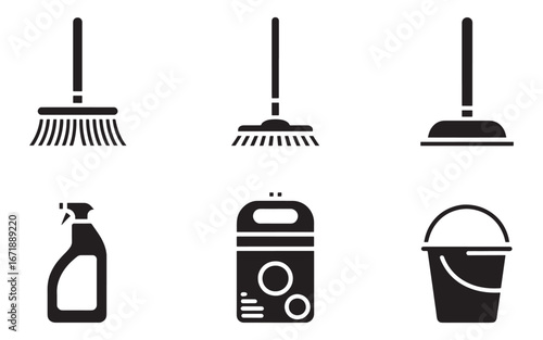 Cleaning Supplies Clipart Black and White Icons Vector Illustration Set for Cleaning Business