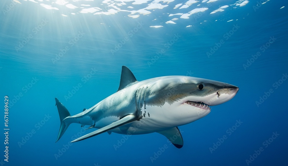 Fototapeta premium Animals: shark swimming close to camera in deep blue ocean, photographed in dramatic side angle with sunlight rays.