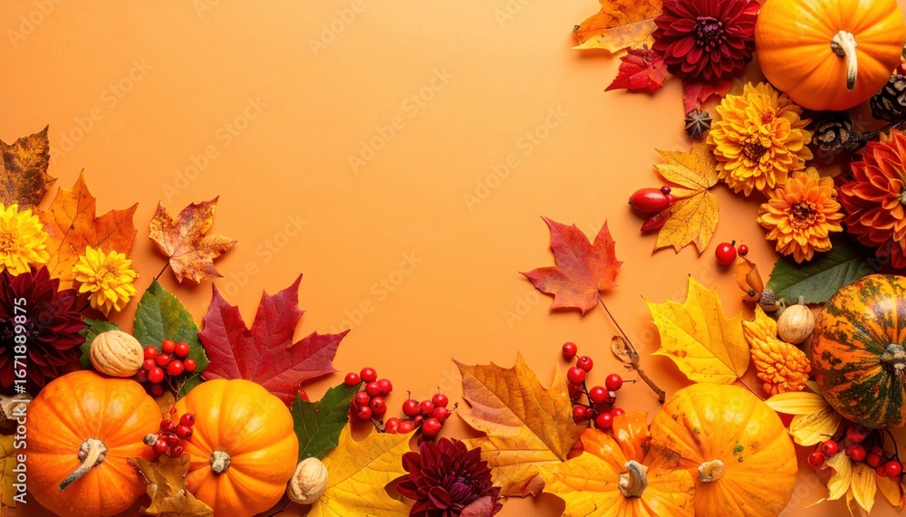 Fototapeta premium A vibrant autumn arrangement featuring pumpkins, flowers, and colorful leaves. The composition exudes the essence of fall harvest.