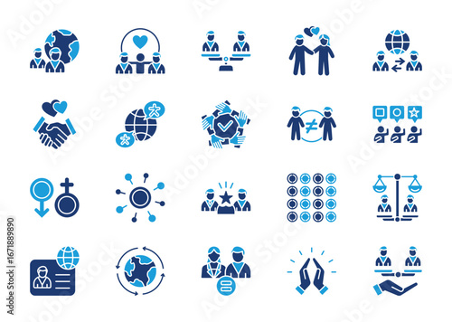 Diversity thin solid icon set. Containing inclusion, equality, belonging, culture, tolerance.