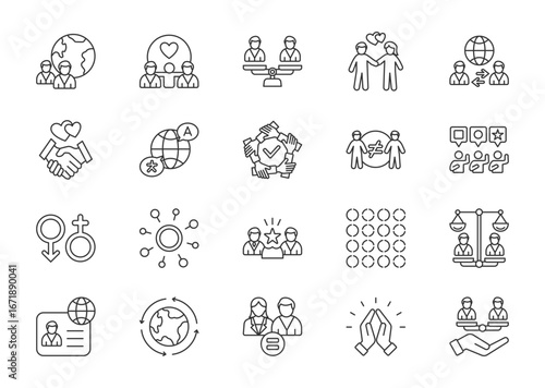 Diversity thin line icon set. Containing inclusion, equality, belonging, culture, tolerance.
