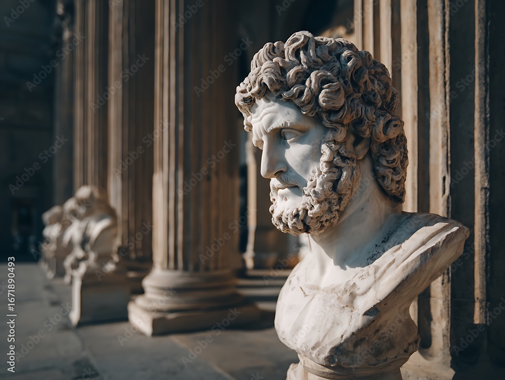 Naklejka premium white marble bust artwork near traditional columns bathed in sunlight