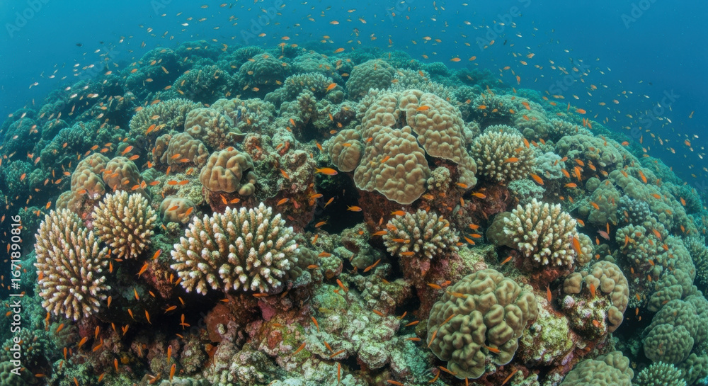 Obraz premium Coral Reef Ecosystem: A vibrant and thriving coral reef teems with life, showcasing the stunning beauty and biodiversity of the underwater world.