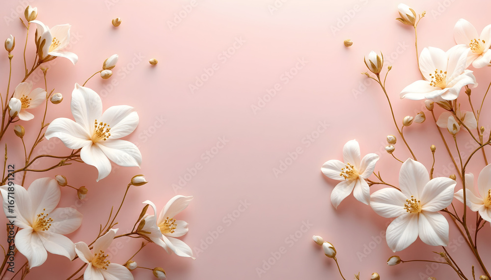 Fototapeta premium White Flowers on Soft Pink Background Elegant Floral Composition for Spring or Wedding Themes