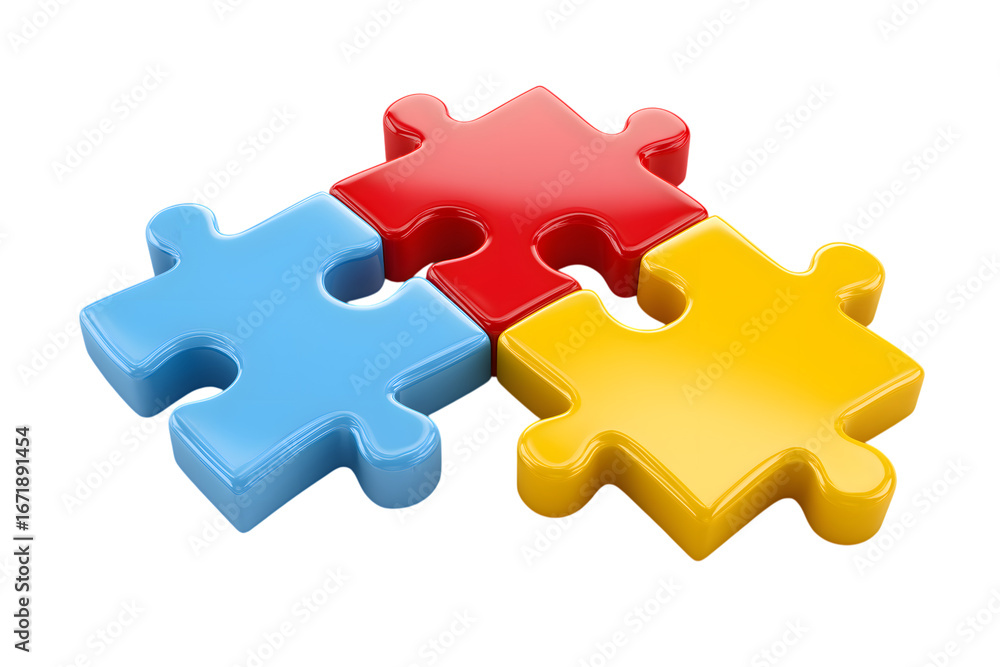 Fototapeta premium Interlocking puzzle pieces forming cohesive unit, symbolizing teamwork, connection, and collaboration isolated on white background