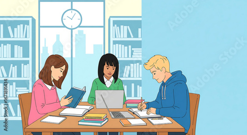 Students studying together in a library with bookshelves and a clock in the background