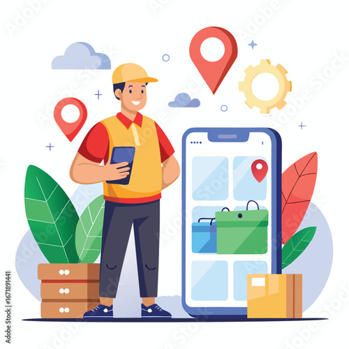 Delivery person holding tablet surrounded by packages and location pins illustrating logistics and shipping services