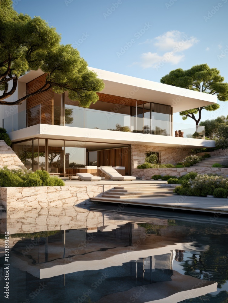 Fototapeta premium A modern house with a pool and trees under a blue sky on a sunny day with reflections in the water