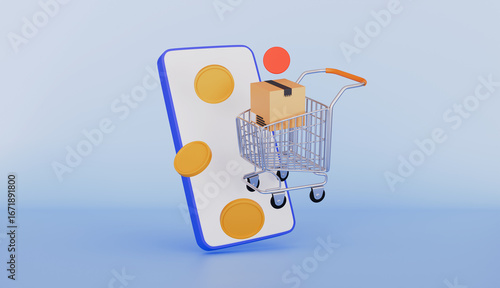 Mobile Phone Ordering Goods, Gold Coins Floating Around, Cart and Parcel Box with Notification
