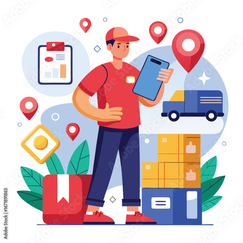 Delivery person holding tablet surrounded by packages and location pins illustrating logistics and shipping services