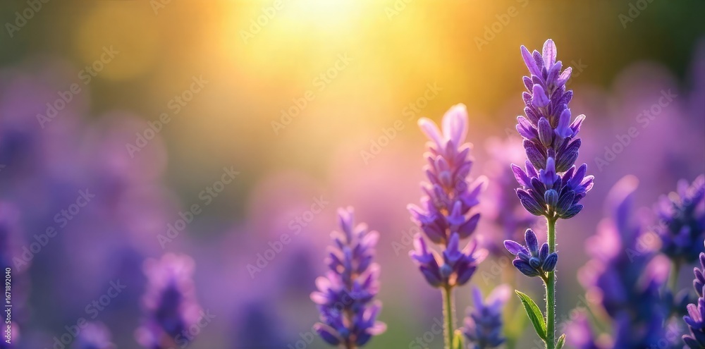 Fototapeta premium A calming scene of lavender flowers bathed in soft sunlight, evoking tranquility and spiritual serenity Perfect for meditation, yoga, or aromatherapy imagery , flowers, lavender