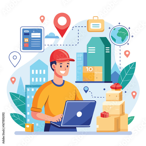 Delivery person using laptop for logistics and package tracking with cityscape and global connection icons