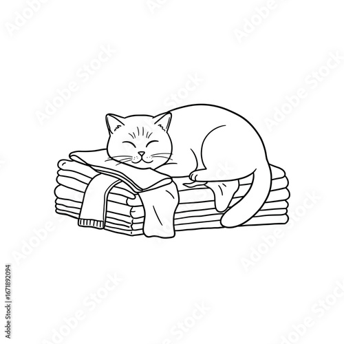 Cat resting on clean laundry pile with folded clothes in daylight  