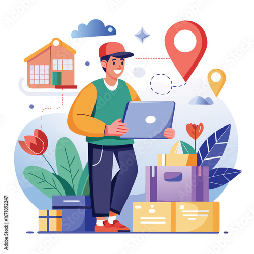 Delivery person with laptop and packages illustrating logistics and online shopping convenience with location markers