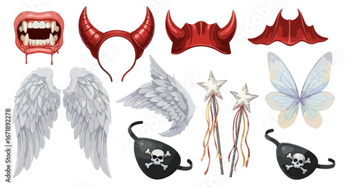 A collection of Halloween-themed accessories, perfect for costumes or creative projects. It includes devil horns, angel wings, and fairy elements.