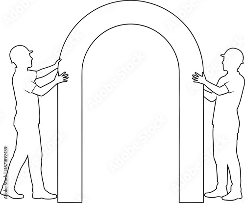 Construction workers installing archway outline vector drawing