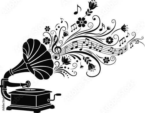 Vintage gramophone music notes and floral design vector graphic