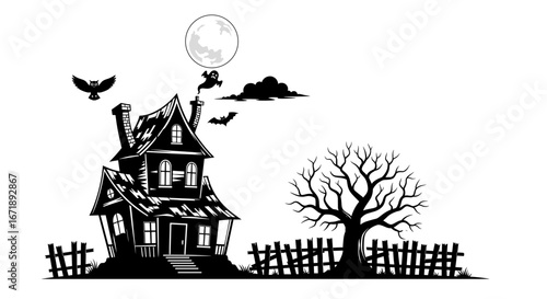 Spooky Haunted House at Night with full Moon and Silhouette Bats. halloween theme