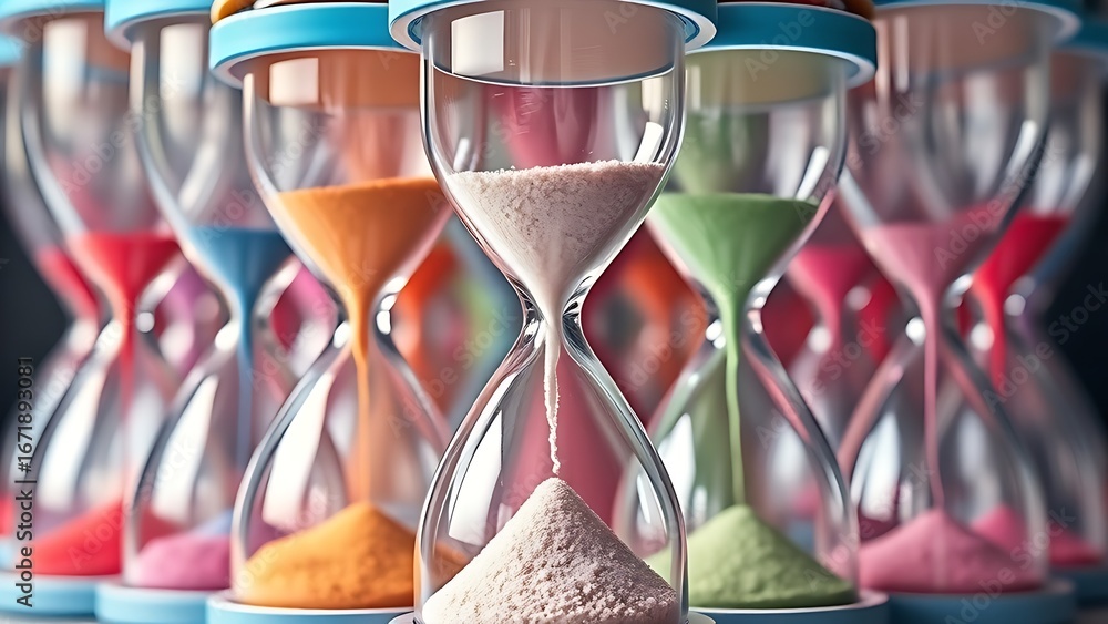 Fototapeta premium Colorful overlapping hourglasses with upward-flowing sand, depicting the unique perception of time in ADHD.