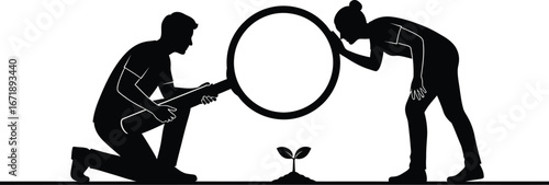 Growth analysis examining seedling with magnifying glass concept