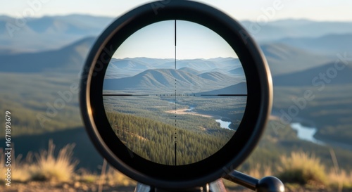 Precision view mountain vista through rifle scope depicting hunting or target practice landscape