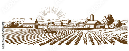 Rural farm landscape with tractor, Windmill and fields vector illustration