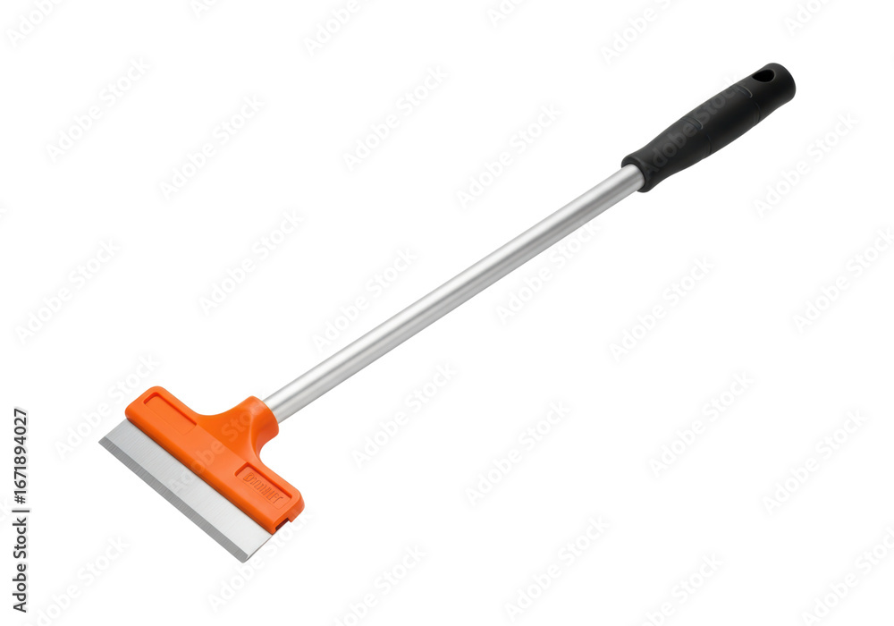 Fototapeta premium Ice scraper with long handle and orange head for effective snow removal