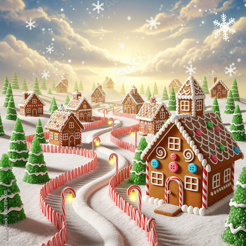 a gingerbread village in the snow
