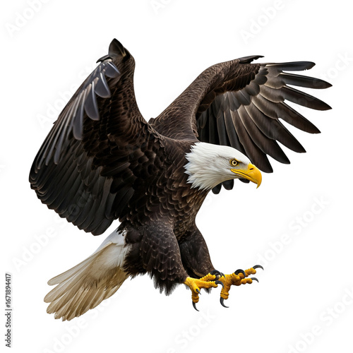 A majestic eagle in a landing pose with wings partially spread, its sharp talons visible, occupying 75 percent of the image on a transparent .	
