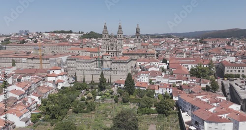 Drone View of Santiago de Compostela and the Cathedral in Galicia Spain