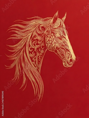 Golden horse head on red background