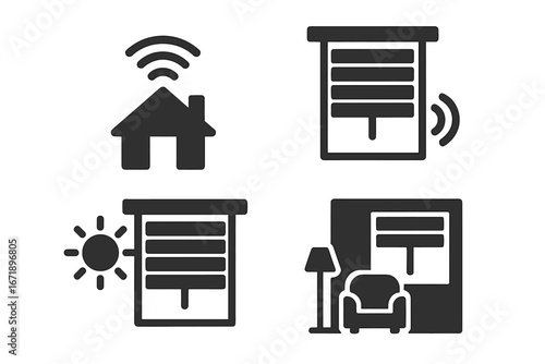 Smart home solid icon set. Home automation pictograms for app. Includes automated blinds, window sensor, sunlight detection, smart room interior. Wireless technology control.