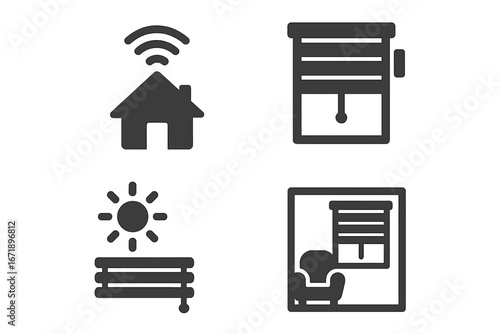 Smart home automation vector icons. Solid glyph icon set of automatic blinds, window sensor, sunlight detection, room control. House connection, internet of things concept design.