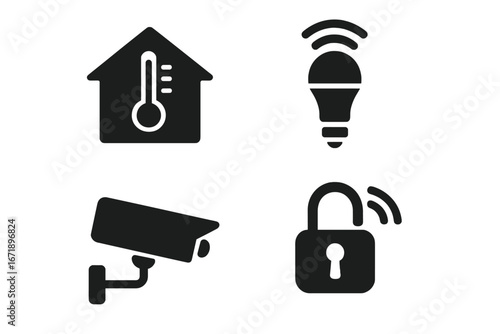 Smart home solid glyph icon set. Vector symbols for home automation system. Thermostat, light bulb, security camera, and smart lock icons for web and mobile apps. IoT.