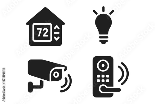 Smart home solid icon set. Vector glyphs of IoT devices for home automation system. Includes smart thermostat, lighting, security camera, and electronic door lock icons.