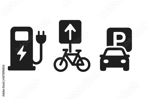 Smart mobility vector icon set. Urban transport infrastructure symbols. Electric car charging station, bicycle lane sign, and auto parking spot. Solid filled pictogram design.