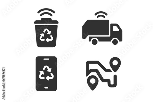 Smart waste management icon set. Vector glyph icons for IoT recycling system. Includes sensor bin, smart garbage truck, mobile app interface and optimized collection route.