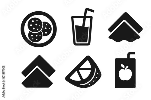 Snack time solid glyph icons set. Food and drink silhouette symbols. Lunch break collection with cookie, milk, sandwich, fruit slice, apple juice box and napkin vector.