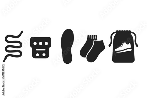 Sneaker accessory solid glyph icon set. Shoe care kit collection. Vector symbols of shoelace, lace lock, insole, socks, and a sneaker bag. Footwear equipment illustration.