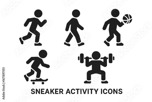 Sport activity solid icon set. Vector glyph pictogram of people running, walking, playing basketball, skateboarding, weightlifting. Fitness, exercise & active lifestyle symbol.