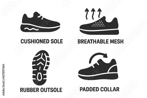 Sneaker features solid icon set. Cushioned sole, breathable mesh, rubber outsole, padded collar. Footwear properties and technology concept. Shoe comfort vector glyph icons.