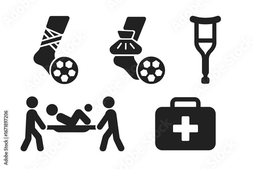 Soccer injury icon set. Football player trauma and medical care symbols. First aid treatment for athletes. Vector glyphs of bandage, ice pack, crutches, stretcher, and kit.