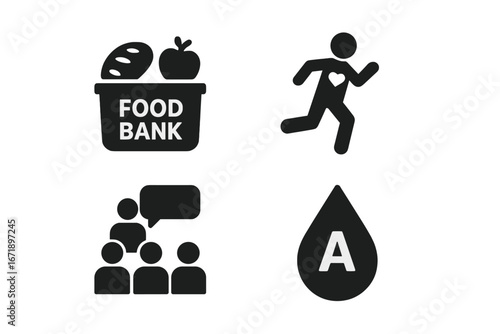 Social cause solid glyph icon set. Charity and volunteer activities vector symbols. Food bank, charity run, community support group, and blood donation pictogram collection.