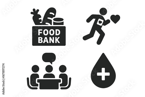 Social cause and charity icon set. Glyphs for volunteering, community support, and donation. Includes food bank, charity run, blood donation, and support group meeting icons.