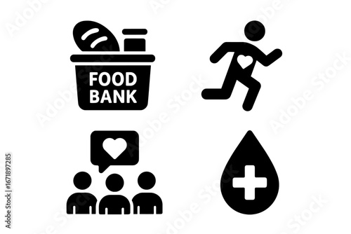 Social cause and charity solid glyph icon set. Icons for food bank, donation, charity run, community support, volunteering, and blood drive. Humanitarian aid vector symbols.